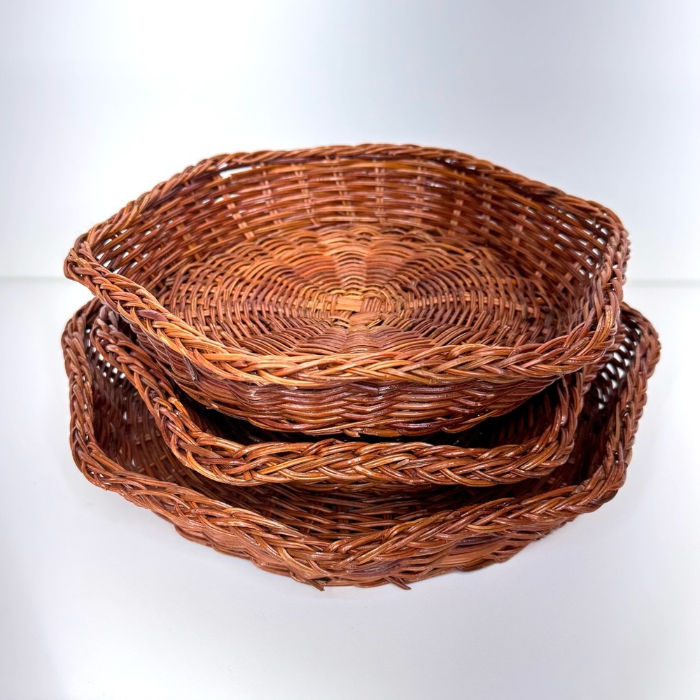 Vintage Brown Braided Edge Woven Hexagon Tray Baskets Home Decor - Picture 2 of 15